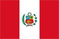 [ai] The flag of Peru features three vertical stripes: two red on the sides and one white in the center. The national coat of arms, consisting of a shield with a llama, tree, and cinchona plant, is displayed in the center.